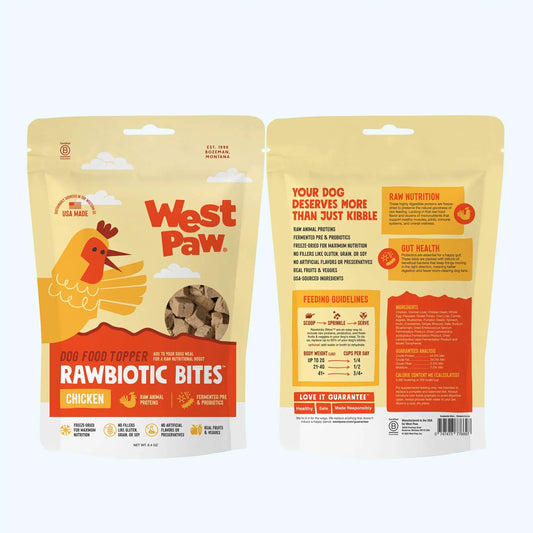 Chicken dog food topper with probiotics, West Paw, 2 yellow pouches on Tampa Home & Garden Store