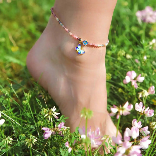 Tourmaline anklet with pink beads and blue butterfly charm on ankle Conscious Items on Tampa Home & Garden Store