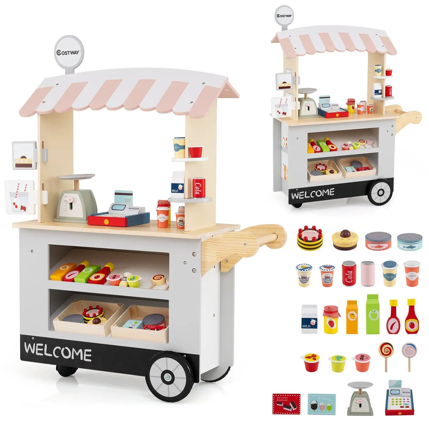 Toy Cart Play Set with POS Machine and Scale, wooden grocery cart in pastel pink with Costway on Tampa Home & Garden Store