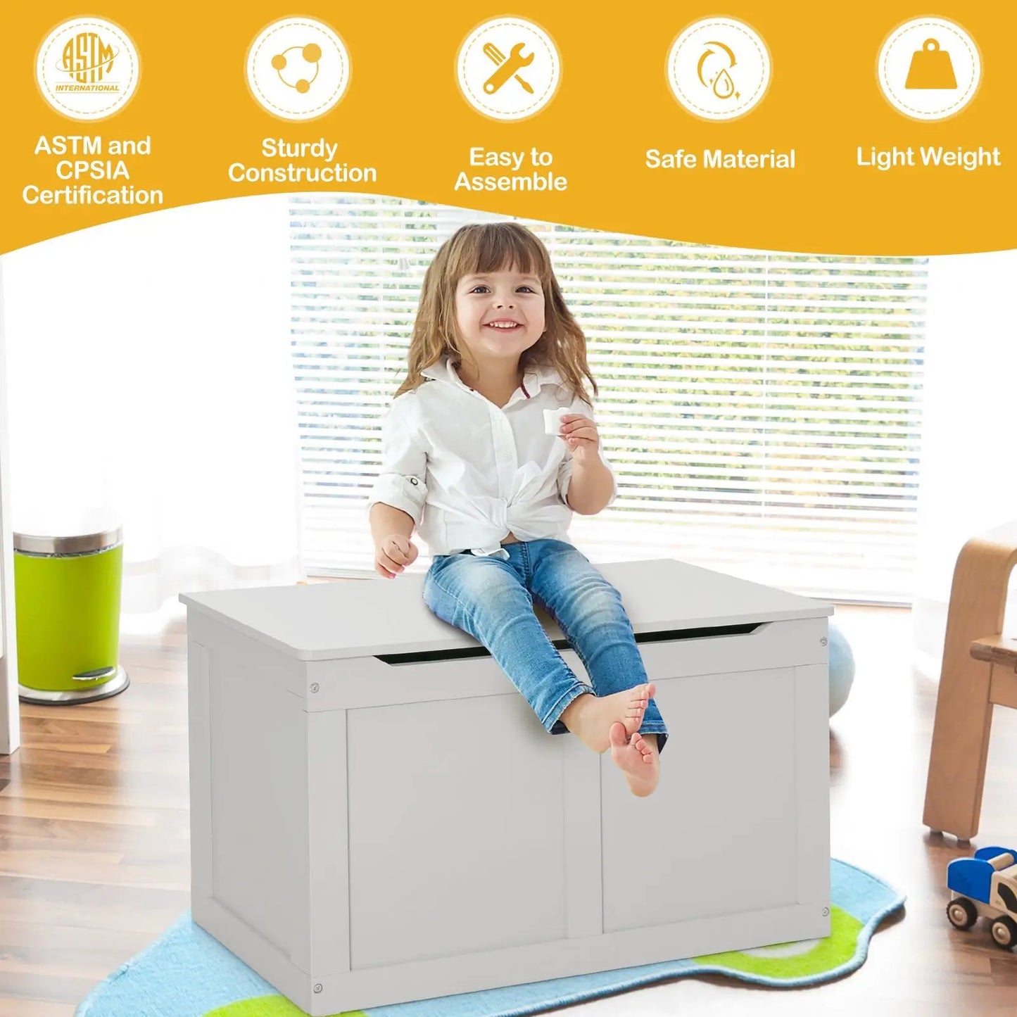 Safety hinge wooden toy storage chest in light gray, durable toy organizer on Tampa Home & Garden Store