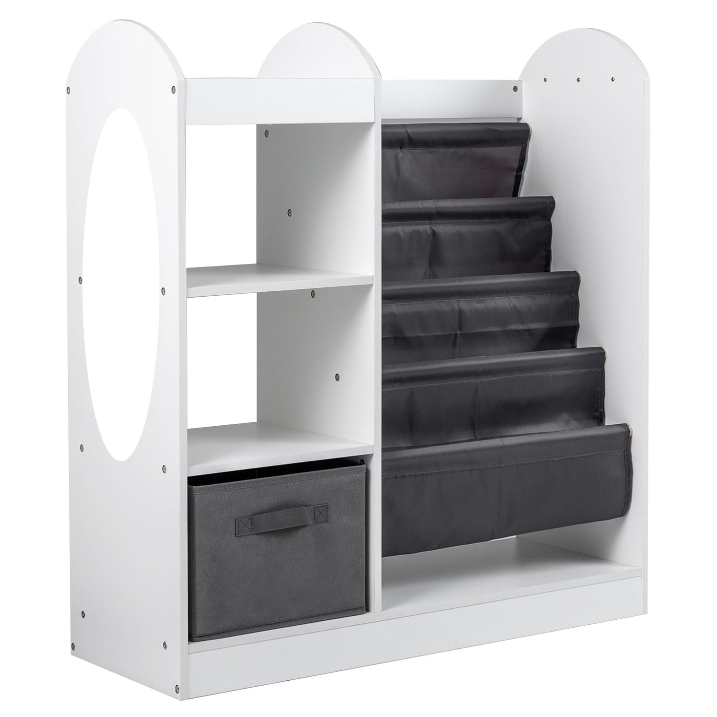 Toy Storage Organizer With 4-Tier Sling Shelves white unit with black fabric slings on Tampa Home & Garden Store