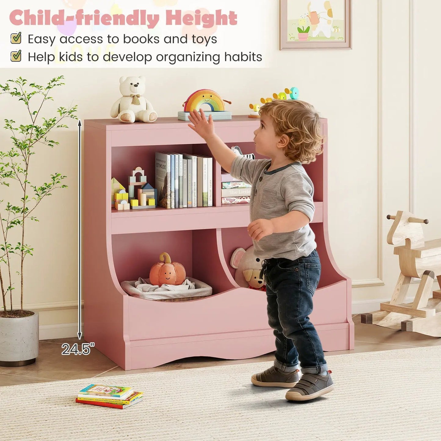 Toy Storage Organizer 4-Cubby Kids Bookcase pink wood DirectDeals with books and plush toys on Tampa Home & Garden Store