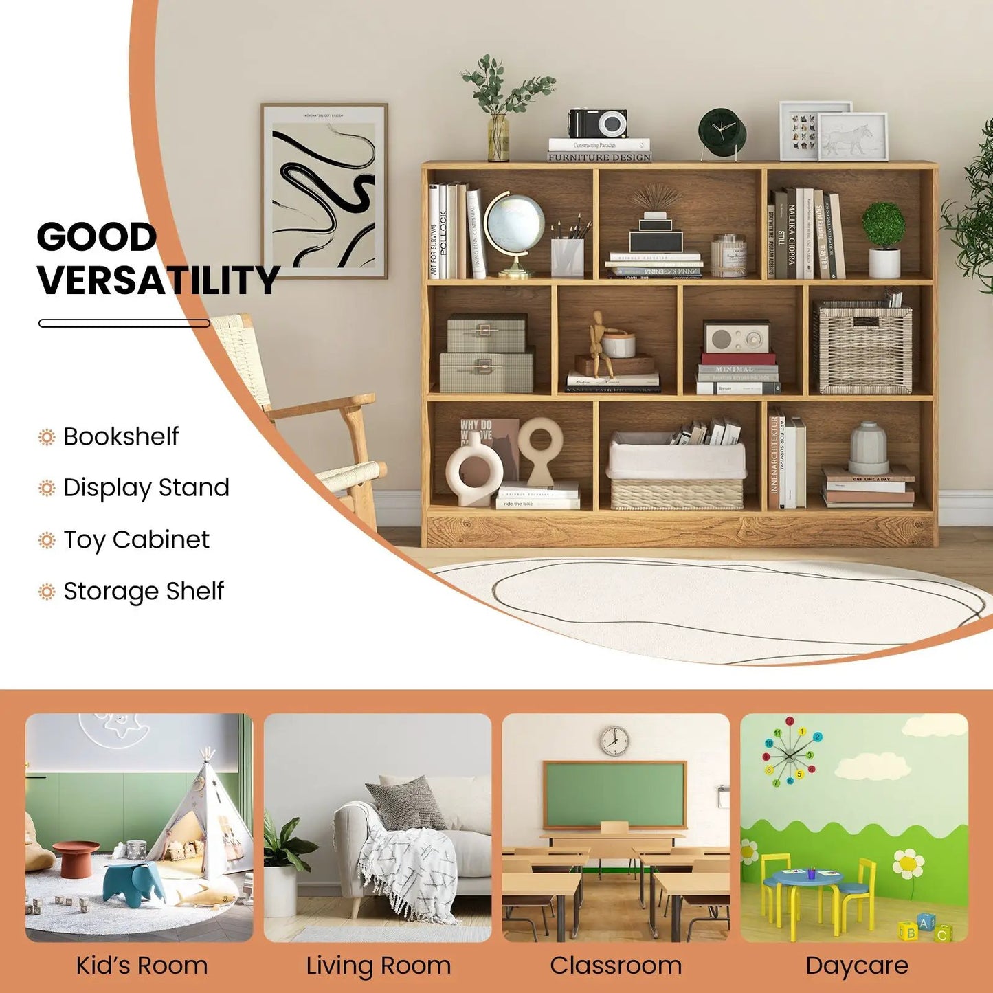Wooden toy storage organizer with 10 cubes in natural finish, filled with books and decor on Tampa Home & Garden Store