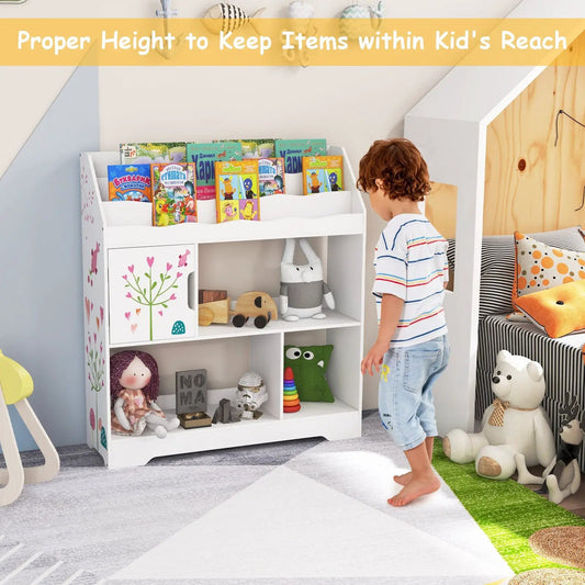 Kids Toy Storage Organizer With Bookshelf white with floral cabinet doors, holds books and toys on Tampa Home & Garden Store