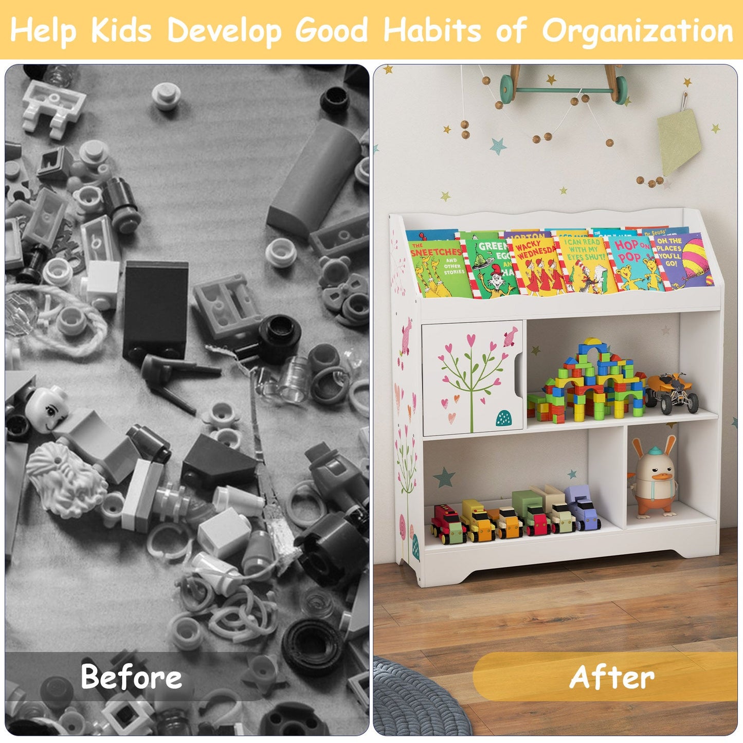 Kids toy storage organizer with bookshelf; cluttered LEGO before, tidy shelf after on Tampa Home & Garden Store