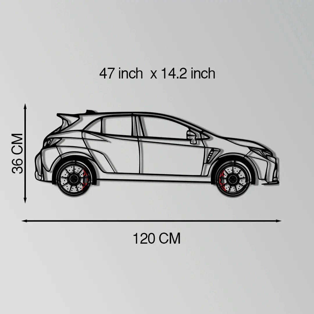 Toyota GR Corolla metal wall art by Enova Art with rotating wheels, rally-inspired silhouette on Tampa Home & Garden Store