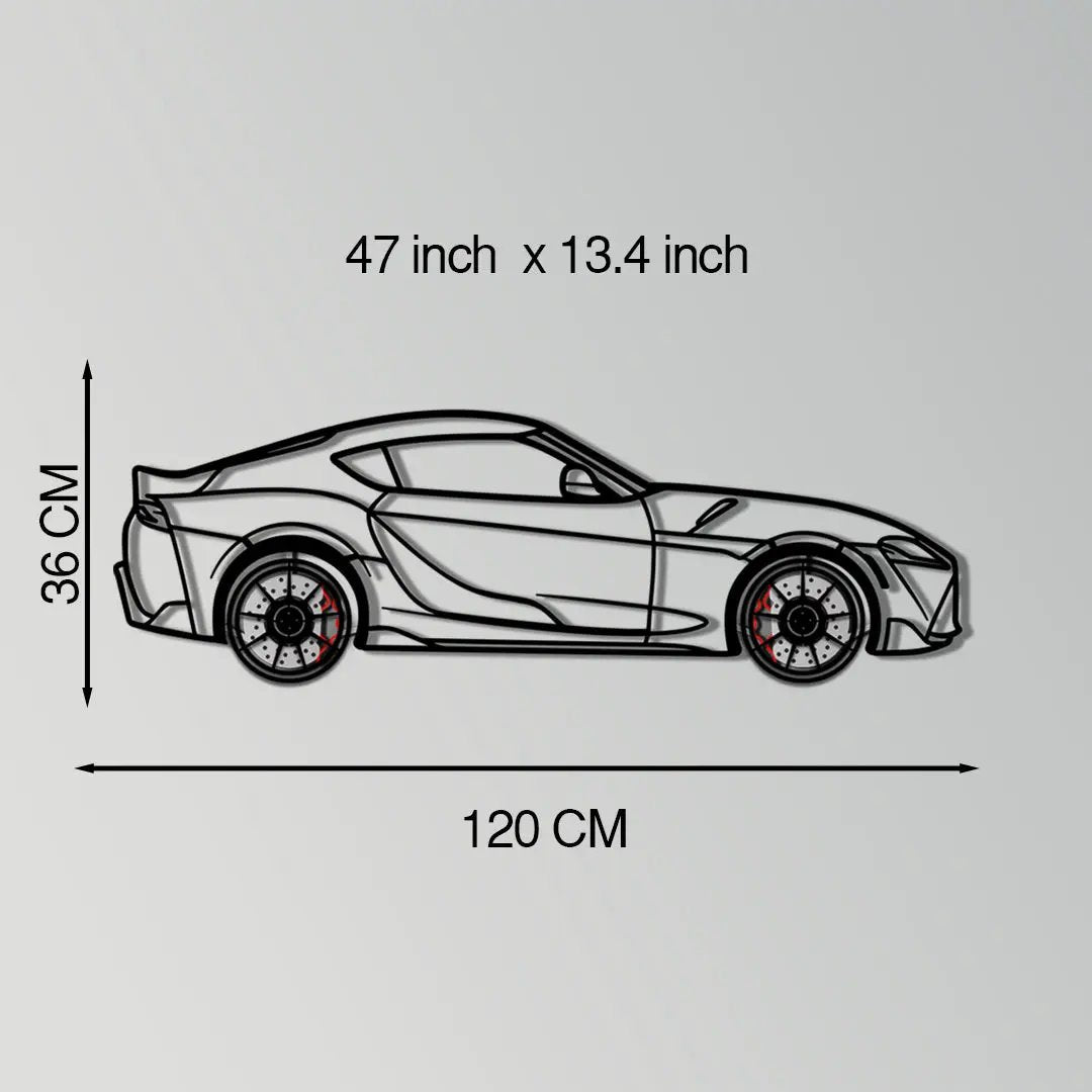 Toyota GR Supra metal wall art with wheels; side-view line art decor on Tampa Home & Garden Store