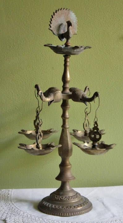 Traditional Diya Oil Lamp. 15" Antique Brass Oil Lamp with Five Burners and Hand Crafted Elephants and Peacocks. - Tampa Home & Garden Store