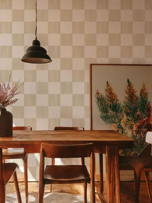 Checkers Wallpaper Tan Peel-and-Stick pattern on tan and cream checkered wall in dining room on Tampa Home & Garden Store