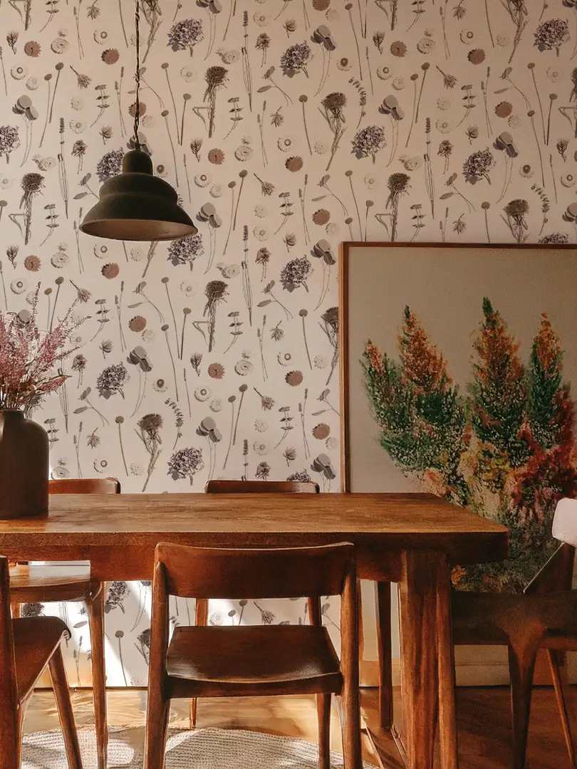 Dried Flora Wallpaper Neutral Tones botanical print in beige taupe on a dining room wall on Tampa Home & Garden Store