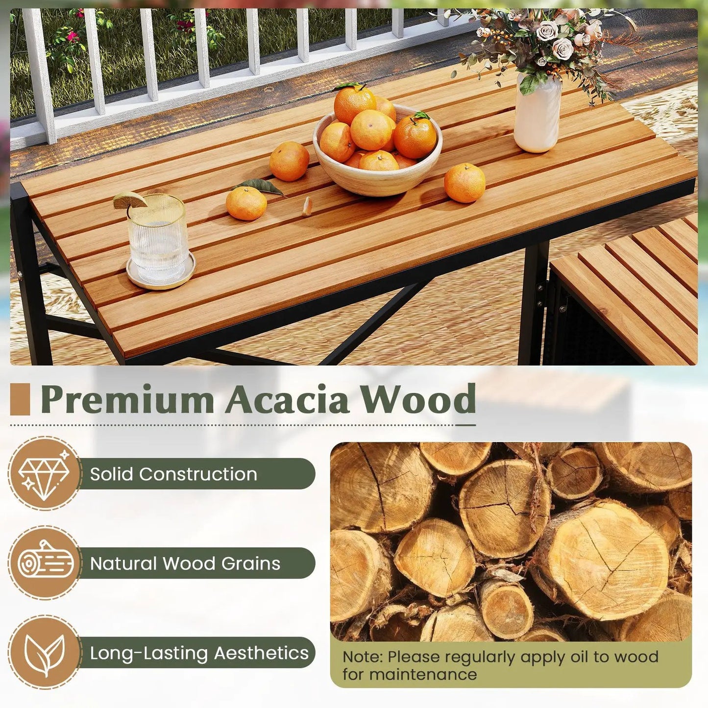 2-in-1 Transforming Picnic Table and Chairs Set in premium acacia wood with black steel legs on Tampa Home & Garden Store