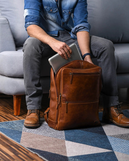Transit Voyager Leather Laptop Backpack Pro brown buffalo leather with zip pockets on Tampa Home & Garden Store