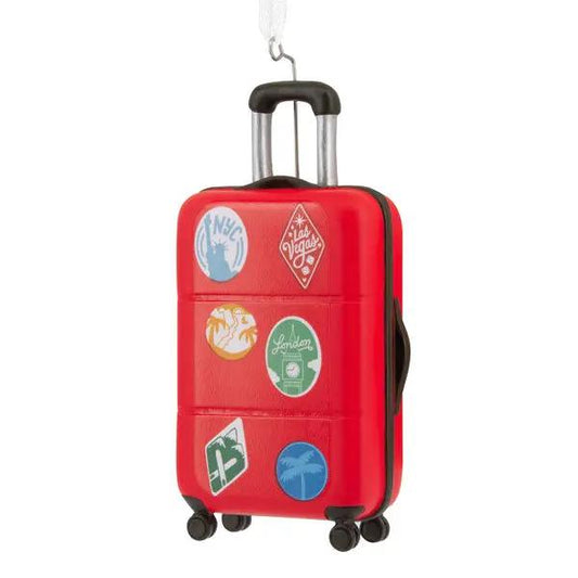 Travel suitcase ornament with New York stickers, red luggage, The Country Christmas Loft on Tampa Home & Garden Store