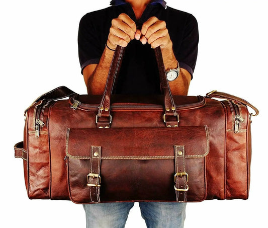Traveler Weekender Duffle Bag by Classy Leather Bags, brown leather with brass buckles on Tampa Home & Garden Store