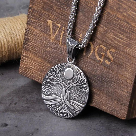 Tree Of Life Amulet Stainless Steel Necklace with intricate tree pendant on a chunky curb chain on Tampa Home & Garden Store