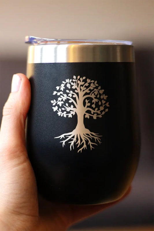 BevVee Tree of Life stemless insulated wine tumbler, black with white tree decal and gold rim on Tampa Home & Garden Store