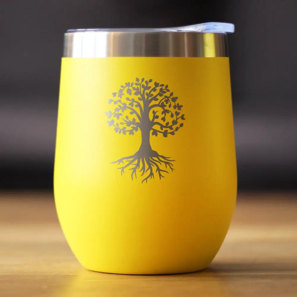 Tree of Life stemless insulated wine tumbler yellow with gray tree graphic bevvee on Tampa Home & Garden Store