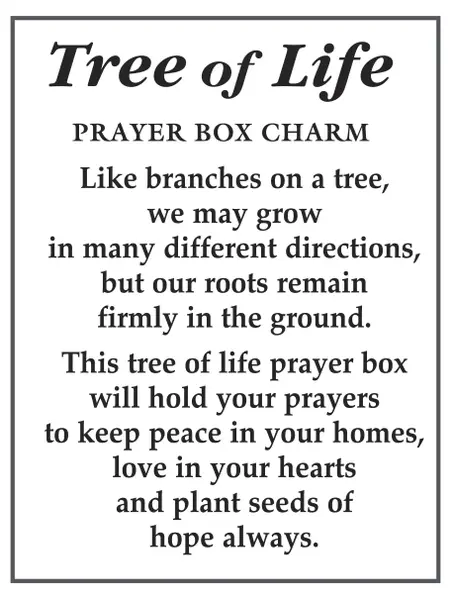 Tree of Life Prayer Box Charm label with black serif text on white card on Tampa Home & Garden Store