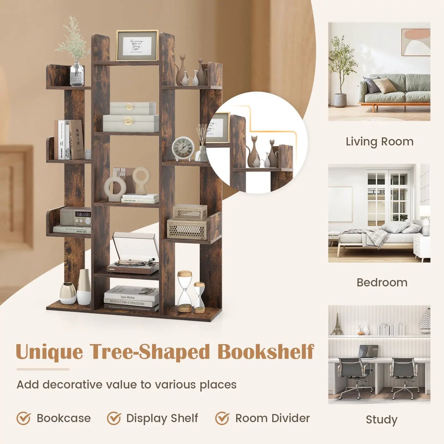 Tree-shaped bookshelf with 13 compartments in rustic brown wood for home office storage on Tampa Home & Garden Store