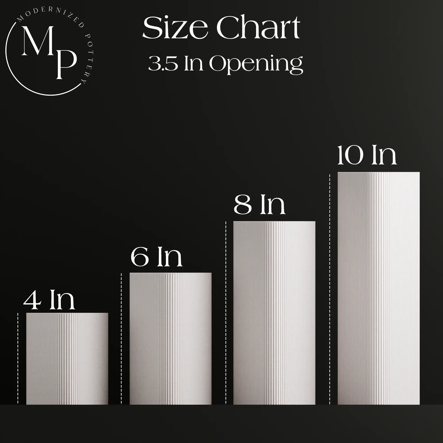 Triangle Vase size chart by Modernized Pottery with ribbed bars showing 4in, 6in, 8in, 10in heights on Tampa Home & Garden Store