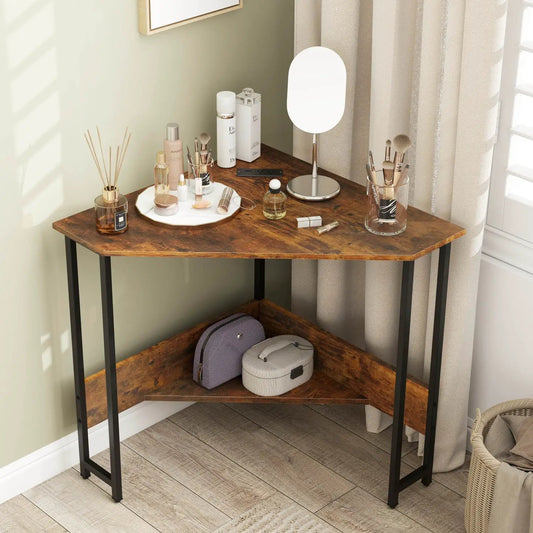 Triangle corner desk with charging station in rustic brown wood and metal legs by DirectDeals on Tampa Home & Garden Store