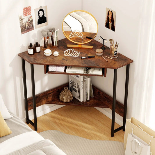 Triangle Corner Desk with Rustic Brown wood top and black metal frame with storage shelf on Tampa Home & Garden Store