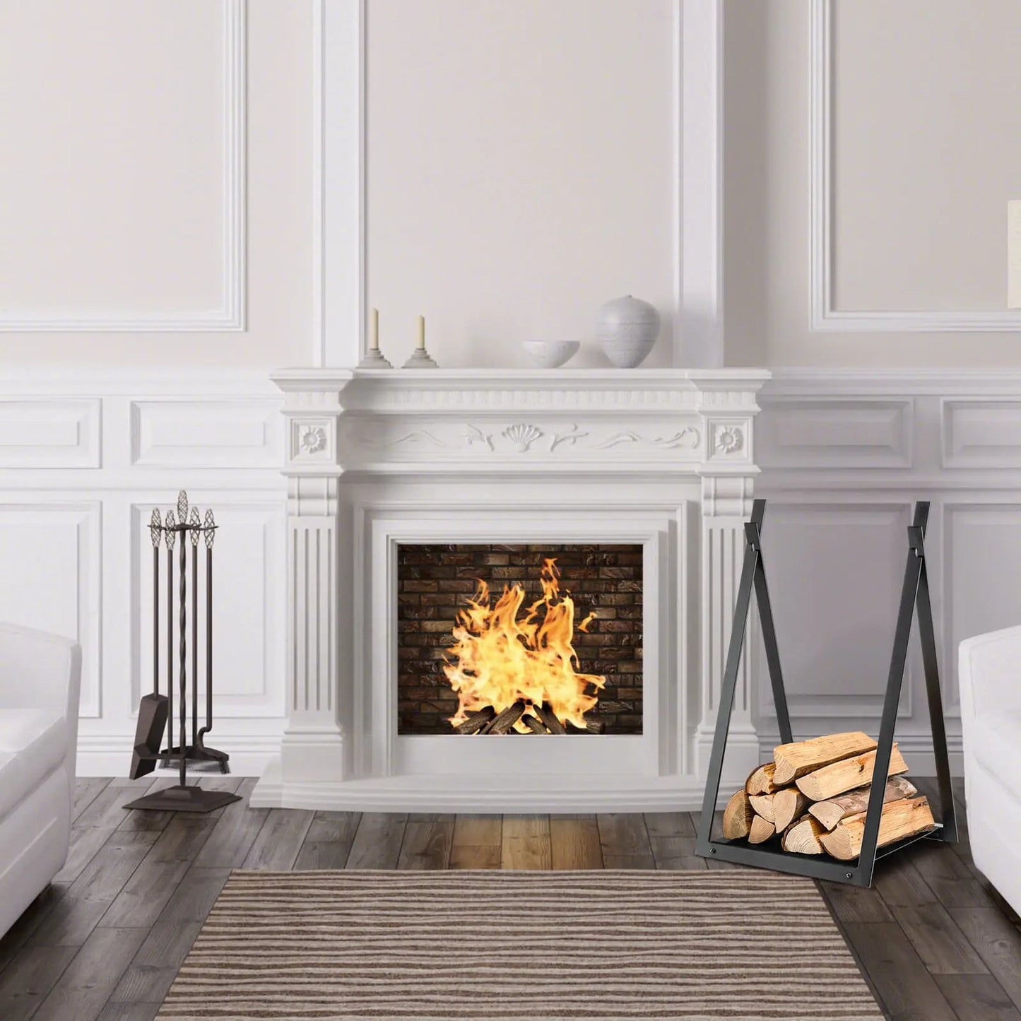 Triangle Firewood Rack with Raised Base for Fireplace Fire Pit-Black - Tampa Home & Garden Store