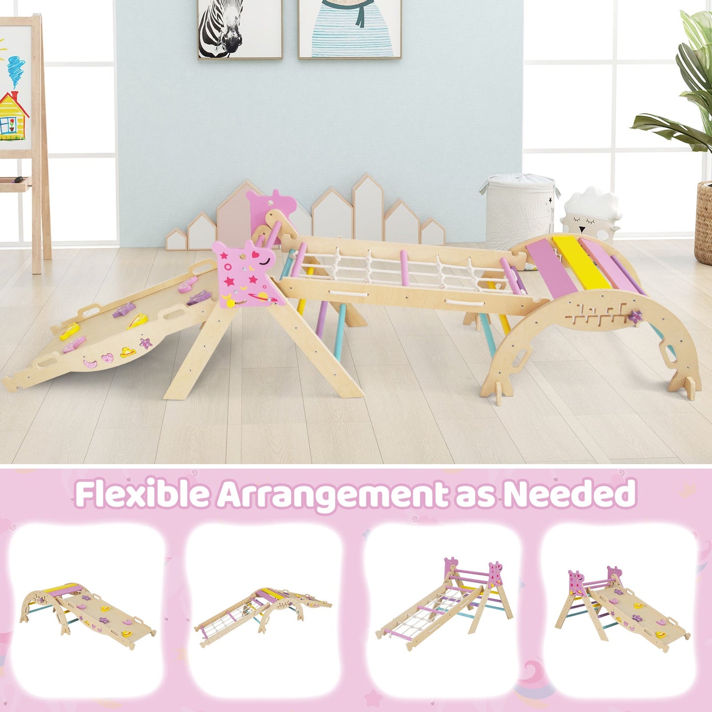 Triangle Set 8-in-1 Baby Climbing Toy Astronaut pastel wood with unicorn accents and slide on Tampa Home & Garden Store