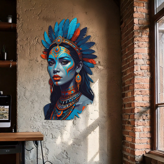 Tribal Blue Goddess metal wall art by Enova Art, UV print with turquoise skin and blue/orange feathers on Tampa Home & Garden Store