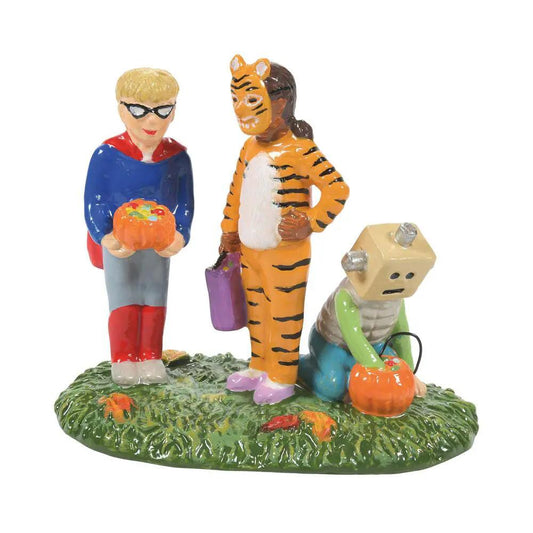 Trick or Treat Assessment Dolomite Village Set with boy, tiger, box-headed figure on grass base on Tampa Home & Garden Store