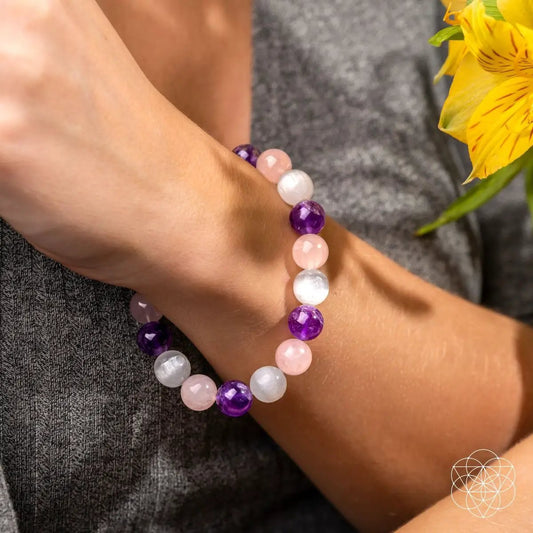 Trinity Bracelet of Stress Resilience with amethyst, rose quartz, moonstone beads on Tampa Home & Garden Store