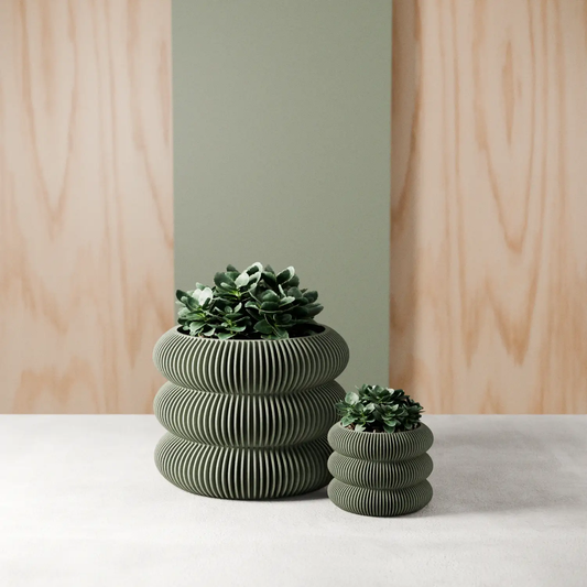 Triple Bubbles Planter ribbed olive ceramic with succulents; two-planter display on Tampa Home & Garden Store