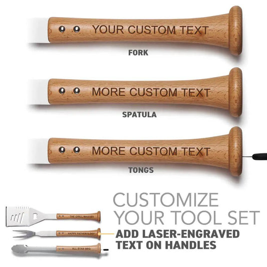 Triple Play Grill Set with Custom Handles 3-piece BBQ tools fork spatula tongs Baseball BBQ on Tampa Home & Garden Store