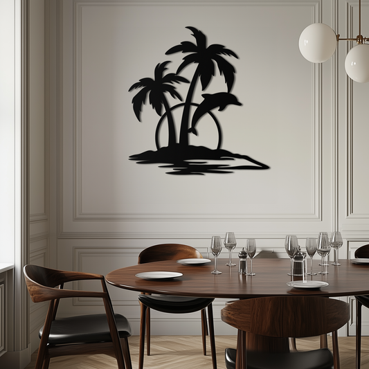 Tropical Dolphin and Palm Tree Metal Wall Art – Sunset Island Scene Coastal Decor- KAF598 - Tampa Home & Garden Store