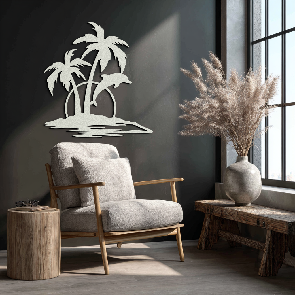 Tropical Dolphin and Palm Tree Metal Wall Art – Sunset Island Scene Coastal Decor- KAF598 - Tampa Home & Garden Store