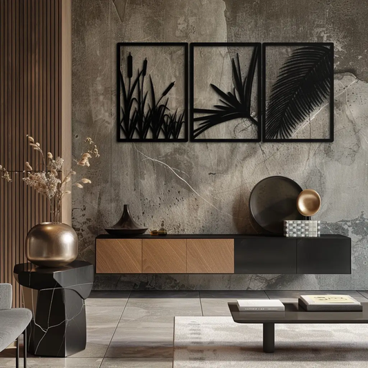 Tropical Metal Wall Art Three-Panel Botanical by Enova Art black metal tropical leaves on Tampa Home & Garden Store