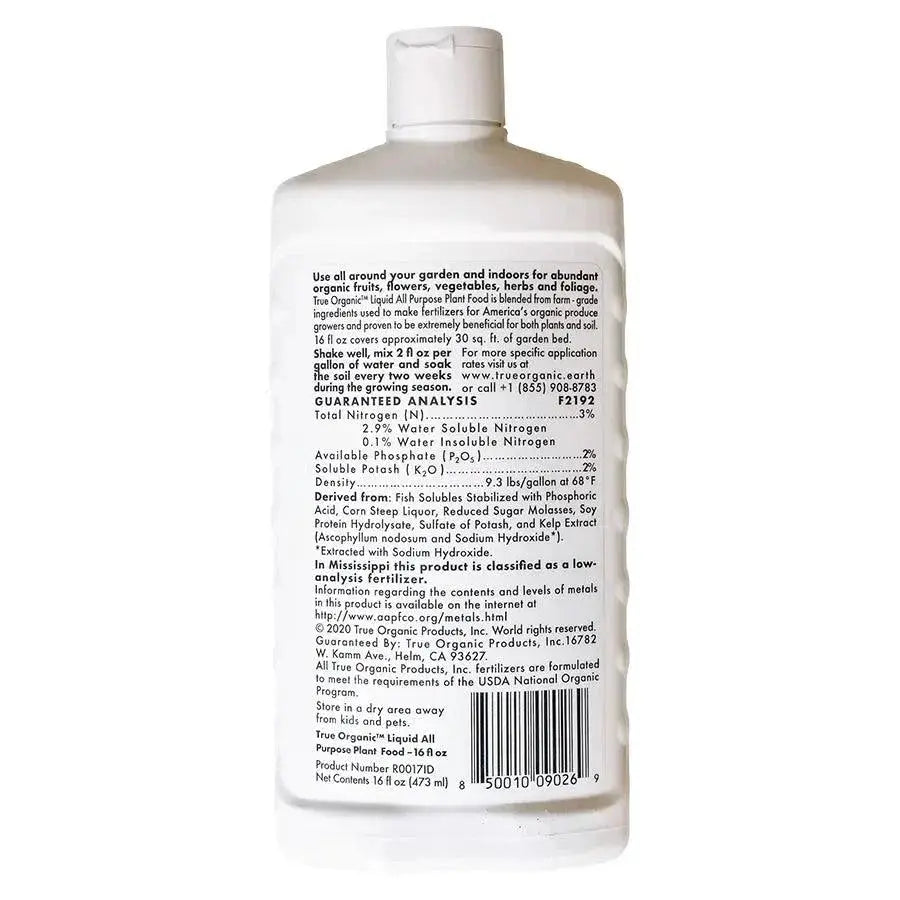 True Organic Liquid Plant Food for All Plants, 16 oz white bottle by Grow Organic on Tampa Home & Garden Store