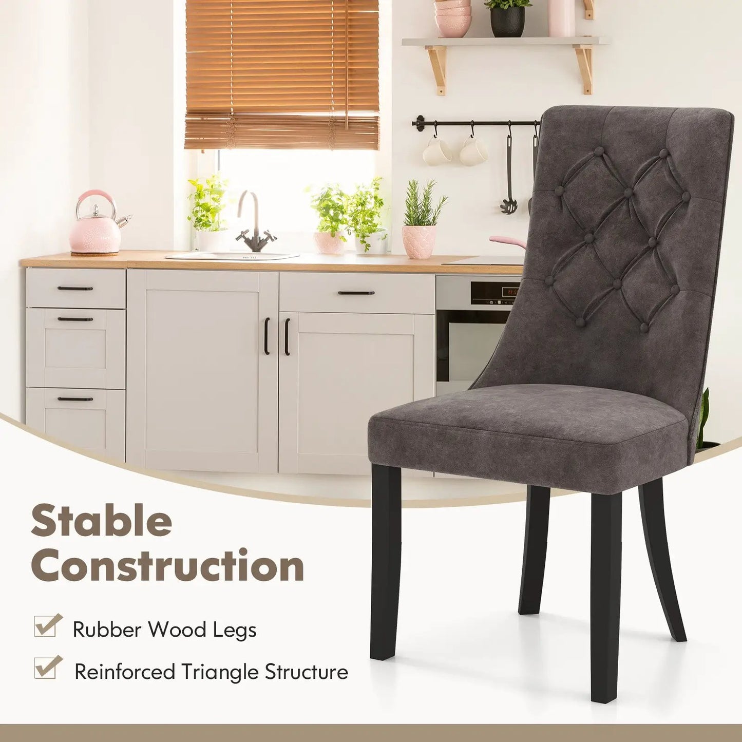 Tufted gray dining chair with high back and black legs, set of 2, in a bright kitchen scene on Tampa Home & Garden Store