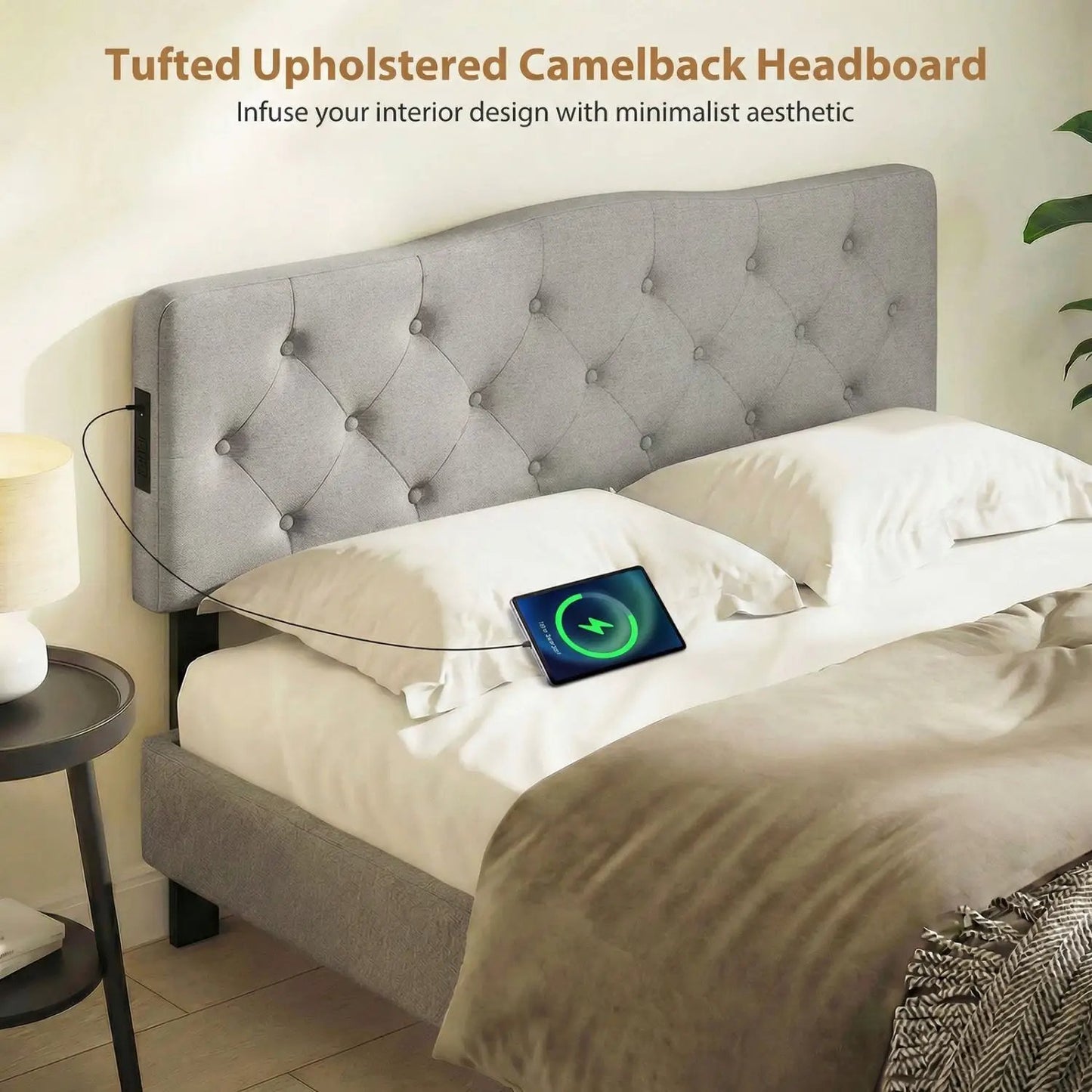 Tufted gray fabric headboard with button-tufted panels for queen and full beds on Tampa Home & Garden Store