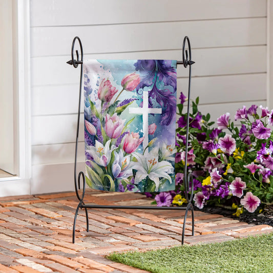 Tulip and Easter Lily Cross Suede Garden Flag with floral design by Evergreen Enterprises on Tampa Home & Garden Store