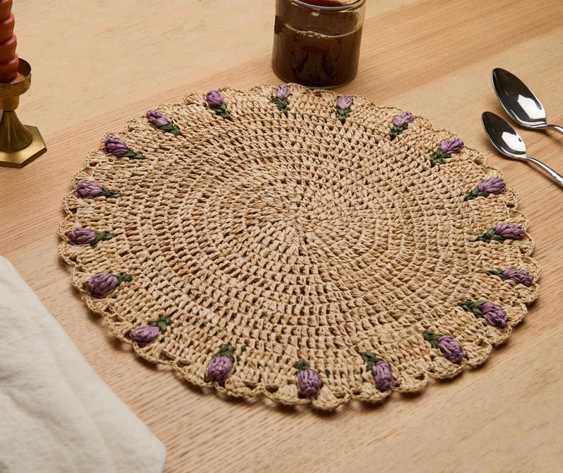 Tulip Floral Placemat – Hand-Crocheted Raffia – Spring Table Decor – Easter Table Setting – Handmade by Artisans in Madagascar - Tampa Home & Garden Store