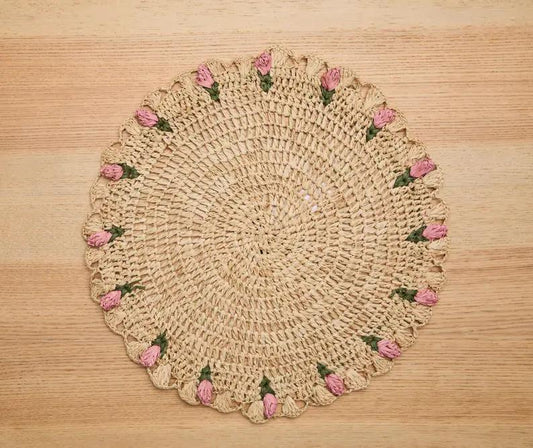 Tulip Floral Placemats hand crocheted raffia palm beige with pink roses Payton James placemats on Tampa Home & Garden Store