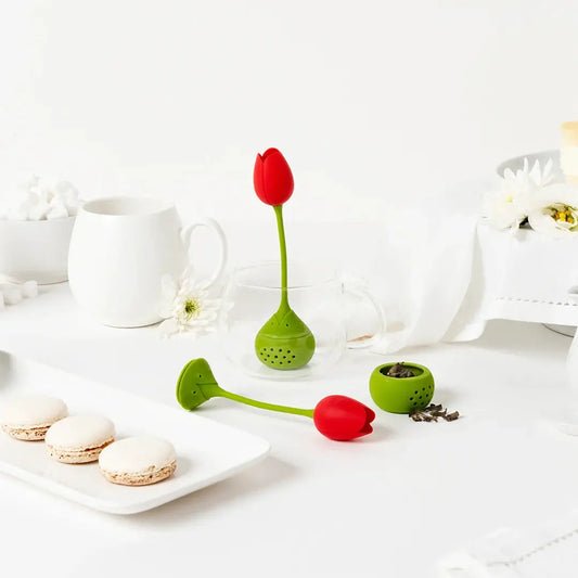 Tulip Tea Infuser by OTOTO DESIGN, red tulip head on green stem with perforated green base on Tampa Home & Garden Store