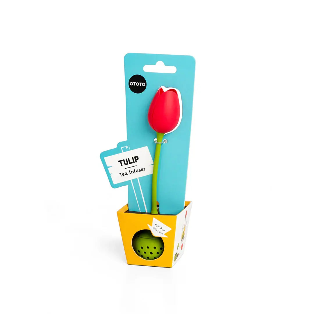Tulip Tea Infuser by OTOTO DESIGN; red tulip with green stem on turquoise display in box on Tampa Home & Garden Store