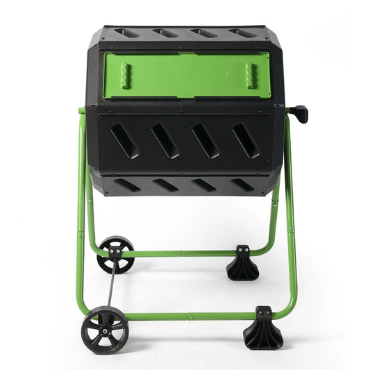 Tumbler 5 Cu Ft compost bin with green frame and wheels on Tampa Home & Garden Store