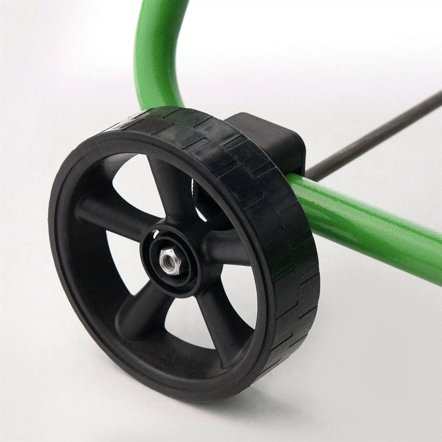Compost tumbler wheel with heavy-duty frame, black wheel on green frame on Tampa Home & Garden Store