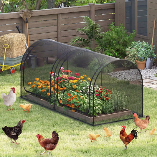 Portable tunnel crop cage with black steel frame and clear cover over a bed in backyard on Tampa Home & Garden Store