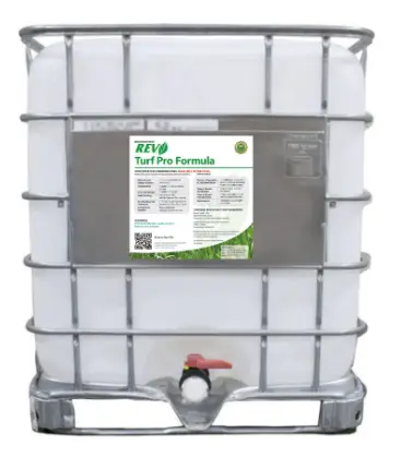 OrganicRev Turf Pro fertilizer 5 gal IBC tote with product label on front panel on Tampa Home & Garden Store
