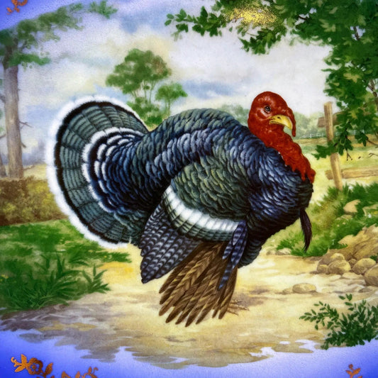 Turkey Platter by Anything Discovered, vintage cobalt blue porcelain with turkey motif on Tampa Home & Garden Store