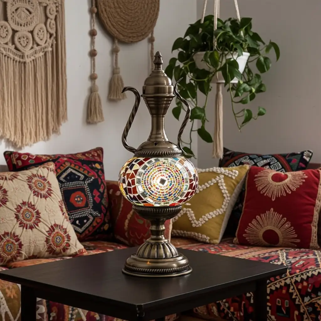 Turkish Mosaic Table Lamp with handcrafted mosaic glass globe and antique brass base on Tampa Home & Garden Store